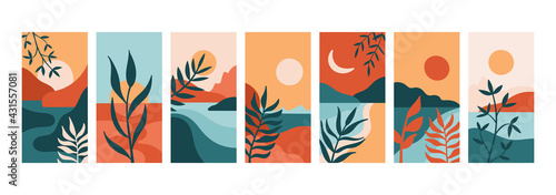 Boho summer beach background set. Abstract landscape art for modern story template or greeting card design