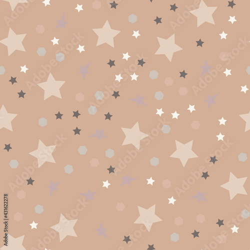 Star pattern vector illustration. Seamless repeating beige background with different flashes in the sky, for baby, kid, child. For textiles, fabrics and printing. Packaging design, wrapping paper.