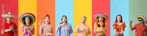 Set of people with tasty Mexican food on color background