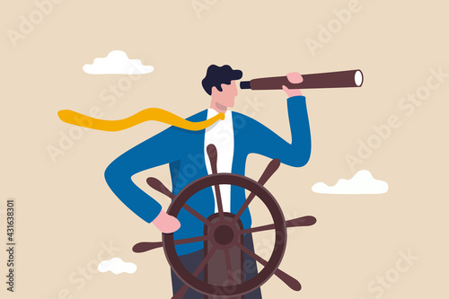 Business leadership and visionary to lead company success, career direction or work achievement concept, smart businessman boat captain control steering wheel helm with telescope vision.