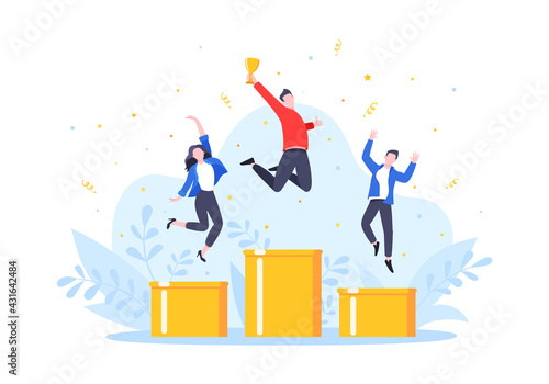 People standing on the podium rank first three places, jumps in the air with trophy cap. Employee recognition and competition award winner business concept flat style design vector illustration.