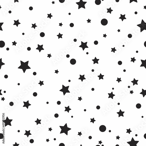 Seamless cute pattern with little rounded back stars, dots and circles on white background.