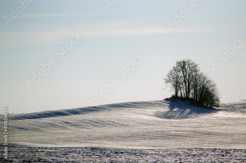 Zimowy krajobraz pagórki pokryte śniegiem na tle zimowego nieba 