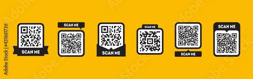 Scan me tag set with QR codes. Qrcode icon for mobile app isolated on yellow background