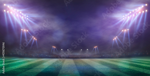 Empty night grand soccer arena in the lights. stadium imaginary 3d rendering