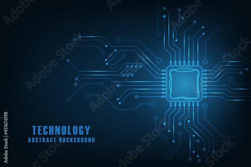 Vector futuristic microchip CPU circuit board blue light. Technology abstract background.