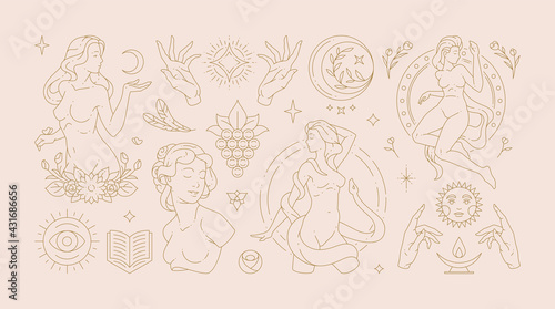 Magic woman boho vector illustrations of graceful feminine women and esoteric symbols set.