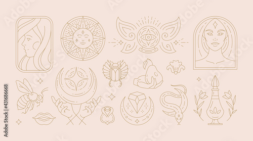 Magic woman boho vector illustrations of graceful feminine women and esoteric symbols set.