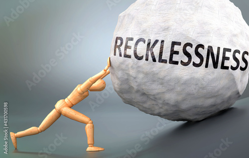 Recklessness and painful human condition, pictured as a wooden human figure pushing heavy weight to show how hard it can be to deal with Recklessness in human life, 3d illustration