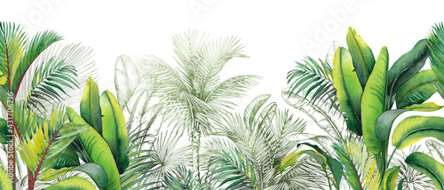 Seamless watercolor border with green tropical foliage.