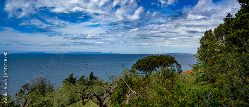 Marine panorama on the gulf of Follonica and the island of Elba from Puntone