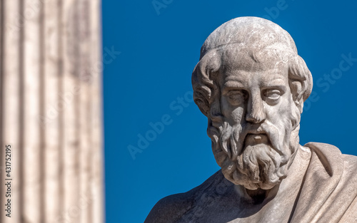 Plato, the ancient Greek philosopher and thinker on blue sky background, space for your text.