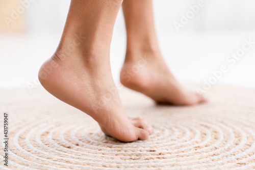 Close up healthy soft woman`s feet. Barefoot. Cares about a woman's clean and soft foot skin. Body care concept. Female soles, fungal infection