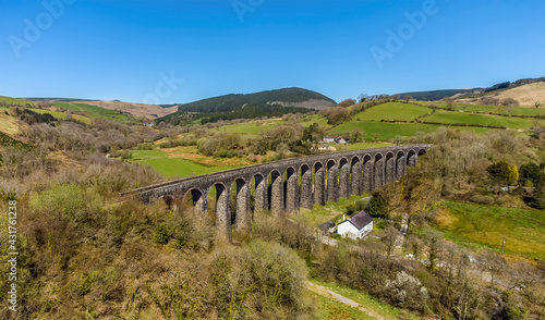 A panorama view along the Victorian railway viaduct at Cynghordy, Carmarthenshire, South Wales on a sunny day