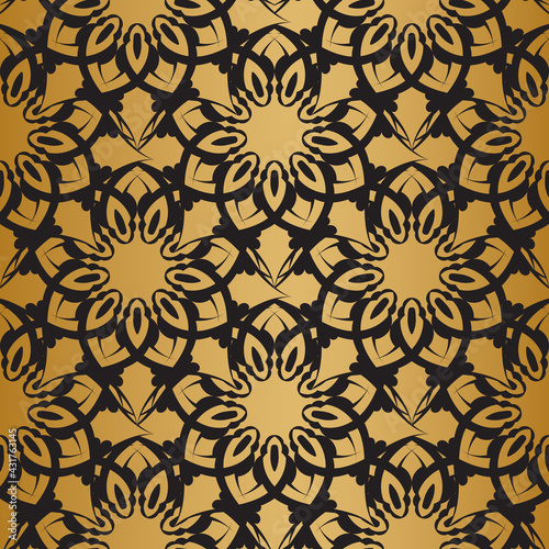 Black seamless pattern with gold ornaments. Good for murals, textiles, postcards and prints. Vector illustration.