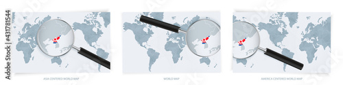 Blue Abstract World Maps with magnifying glass on map of North Korea with the national flag of North Korea. Three version of World Map.