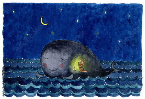 Watercolor drawing Jonah and the Whale. Scene from Bible