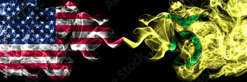 United States of America, America, US, USA, American vs Japan, Japanese, Kamishihoro, Hokkaido, Tokachi, Subprefecture smoky mystic flags placed side by side. Thick colored silky abstract smoke flags.
