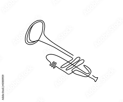 Continuous one line drawing of trumpet music instrument. simple monoline vector design.