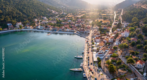 Aerial view to the marina of the little village Agia Effimia on the island of Kefalonia, Greece, during sunset