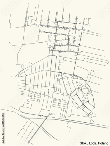 Black simple detailed street roads map on vintage beige background of the quarter Stoki district of Lodz, Poland