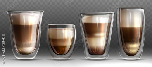 Mug full of latte with milk and foam. Arabica coffee drinks realistic set with transparent different shapes glass cups with hot cappuccino vector. Template for branding, advertising or product design.