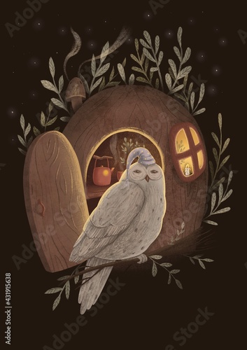 a bright owl in a nightcap with stars sits on a branch in front of his cozy house, where a kettle is boiling and the light is on, outside it is night and the forest, 2d illustration