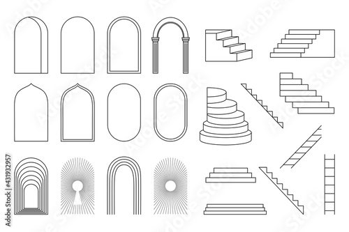Set of arches and stairs. Vector illustration of frames