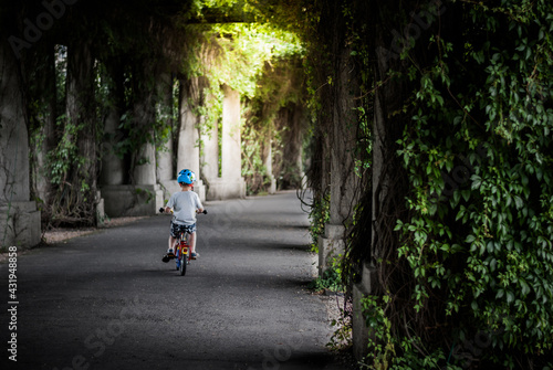 Small boy in helmet riding bicycle in park road. Kid activity. Beautiful alley with columns and ivy.