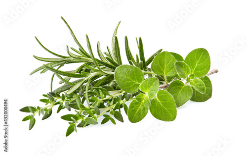 Oregano leaves, rosemary and thyme isolated on white background. Mixture of herbs. Herbs fresh closeup.