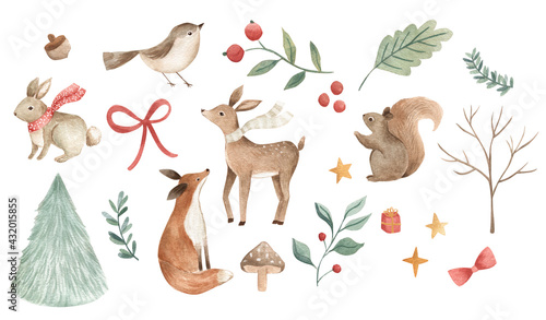 Watercolor Christmas woodland animals for winter holidays with deer, fox, bird, squirrel and foliage 