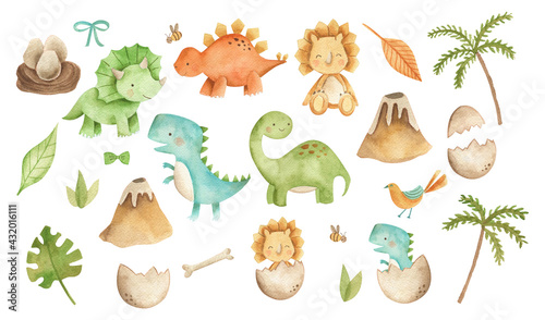Baby Dinosaurs watercolor illustration with cute animals for nursery and baby shower 