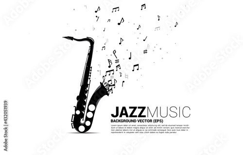 Vector music melody note flow from saxophone. Concept background for jazz song and concert theme.