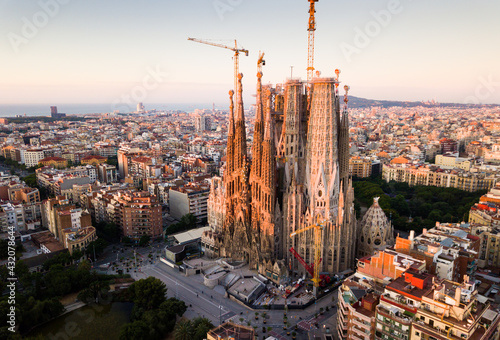 Panoramic view from drone of Cathedral of La Sagrada Familia in Barcelona at morning, Spain
