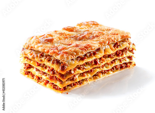 piece of baked lasagna with minced meat and cheese close-up isolated on white background 