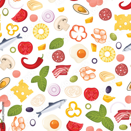 Seamless pattern with food, pizza ingredients. Pattern for box, fabric or packaging. Vector