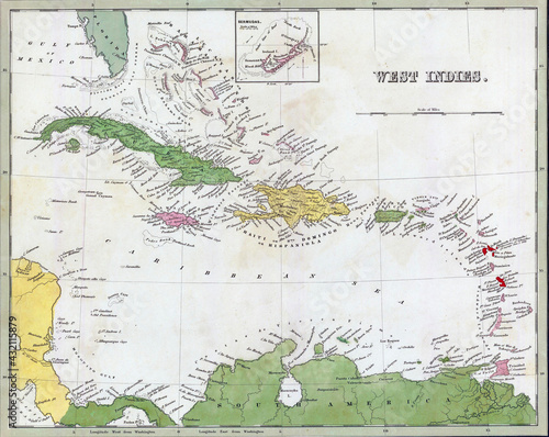 Closeup shot of an Antique map of Cuba and the Caribbean from the out of print 1841 Goodrich atlas