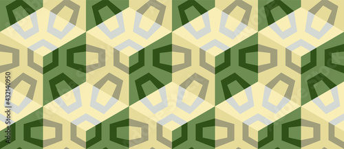 Khaki-coloured сubes. Seamless pattern. Optical illusions. Op Art. Template for fabric or wrapping. Modern textile. Geometric. Beige and olive colors. Camouflage. Vector background. Textile design.