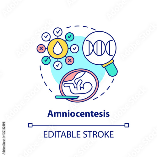 Amniocentesis concept icon. Testing uterus for fetus health. Medical check. Genetic inheritance examination idea thin line illustration. Vector isolated outline RGB color drawing. Editable stroke