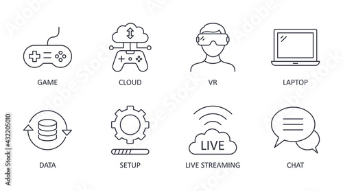 Cloud gaming vector icons. Editable stroke. Games cloud server laptop data download setup console live streaming chat vr. Line symbols set