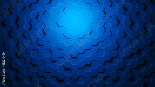 3D rendering of blue octagons background with light spot in center.