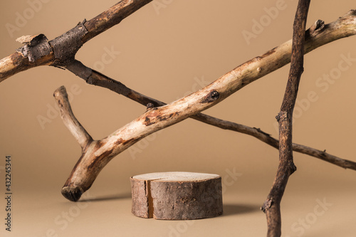 Wooden cylinder shape podium and rusty branches. Background for products cosmetics, food or jewellery. Rustic cylinder shape wooden podium. Front view. 