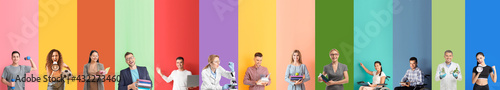 Set of teachers on color background