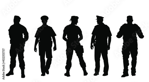 Policeman officer on duty vector silhouette isolated on white background. Police man in uniform in patrol on street. Security service member protect people. Law and order. Against terrorism unit.