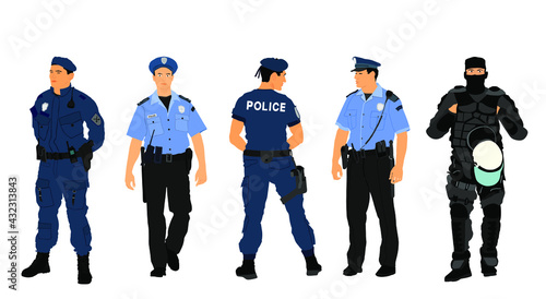 Policeman officer on duty vector illustration isolated on white background. Police man in uniform in patrol on street. Security service member protect people. Law and order. Against terrorism unit.