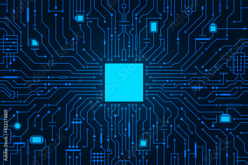 Circuit board background. CPU microchip, abstract conductor scheme and other circuit components. Computer motherboard, digital abstract background. Circuit board abstract technology background. Vector