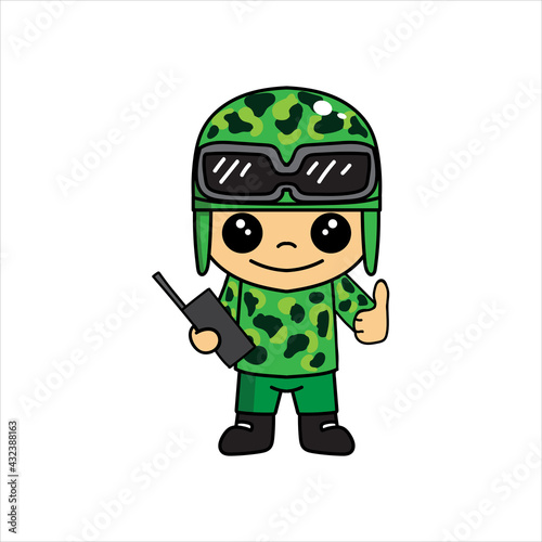 mascot illustration of cute soldier or soldier cartoon character with thumb and radio