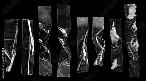 cool set of transparent adhesive tape or strips isolated on black background, crumpled plastic sticky snips, poster design overlays or elements.