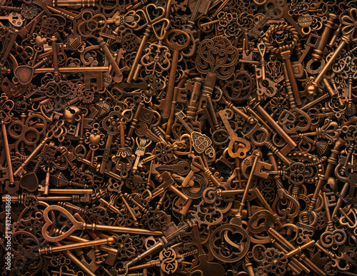 Pile of vintage bronze skeleton keys.