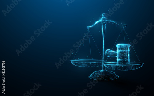 Scale icon Hammer of Justice in the Law and Justice. Low poly schemes, particles, lines, and triangles 3d vector illustration